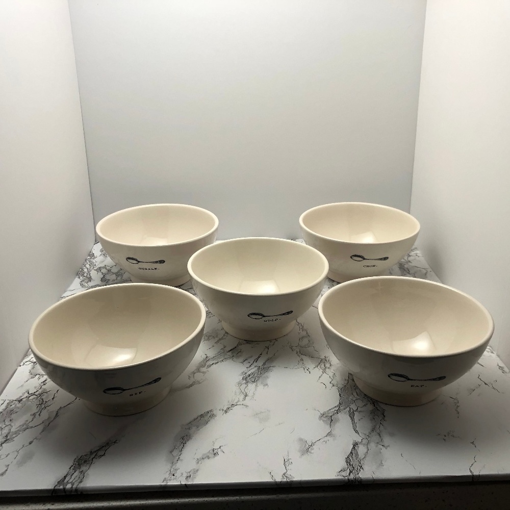 NWT Rae Dunn Set of 5 Bowls Spoons Sip Guzzle Gulp